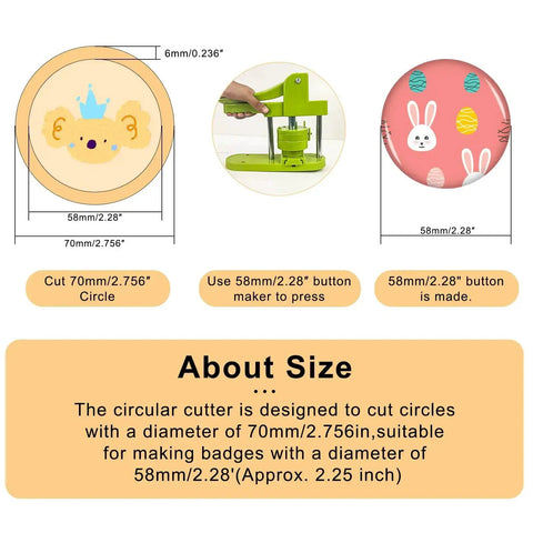 Diagram of 70mm cut size for 58mm button using 58mm Button Paper Cutter Punch Die Tool For Button Maker Machines.