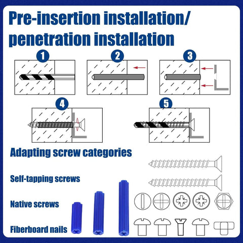 200 Pcs 5/16 Inch Blue Plastic Screw Anchors 2 Inch Length For Drywall Hollow Walls Concrete Tile Cement And Other Surfaces Expanding Plastic Anchors For Secure Fastening Ideal For Stud Walls And Masonry On Drywall Tile Cement Board And Other Surfaces installation guide diagram