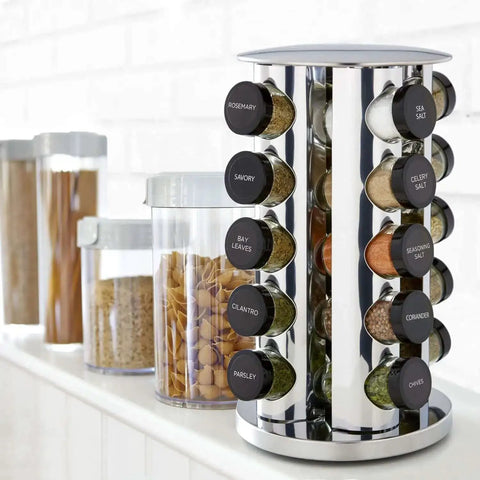 20 Jar Revolving Countertop Spice Rack With Pre Filled Glass Jars And Removable Sifter And Labeled Black Caps And Free Spice Refills