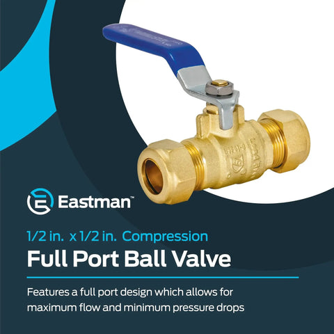 Heavy Duty One Half Inch Compression Full Port Brass Ball Valve For Plumbing, Eastman 20096LF Inline Shutoff Valve With Maximum Flow