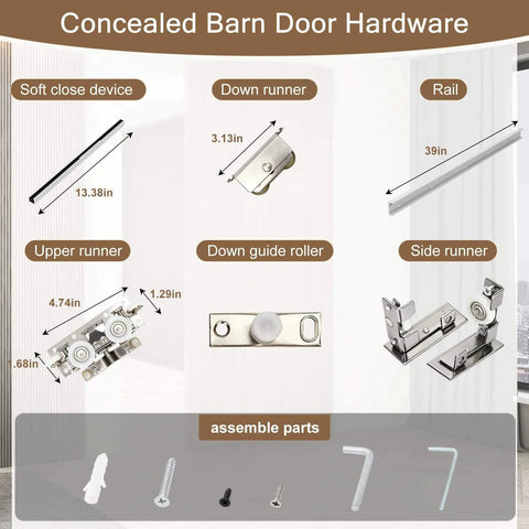 Diagram of 38 Inch Concealed Sliding Barn Door Hardware Kit with Soft Close showing components and assembly parts.