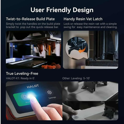 Halot X1 Combo Resin 3D Printer With 16K Mono LCD features user-friendly design with twist-to-release build plate and smart resin management.