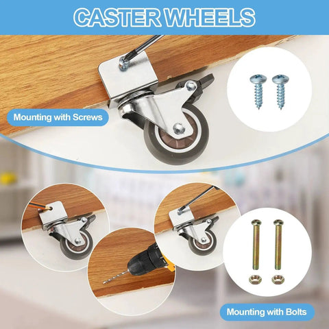 1 Inch Swivel Caster Wheels Set, 4 Pieces, 0.7 Inch U Bracket Opening, 55 Lb Capacity Per Caster, mounted on furniture, screws and bolts included
