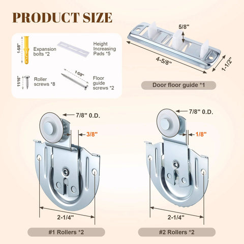 Six Piece Sliding Closet Door Hardware Kit With Front And Rear Rollers, Floor Rail, Heightening Washers, And Screws, zinc steel