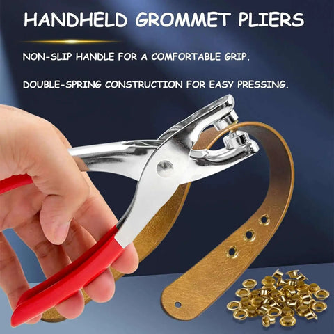 Handheld grommet pliers from 640Pcs Grommet Tool Kit With Eyelet Pliers And Washers Twelve Millimeter Inside Diameter Grommets One Half Inch Hand Punch Kit Silver And Gold Set For Fabric Upholstery Leather Craft 320 Sets, showing non-slip handle and double-spring construction for easy pressing with included grommets and washers.