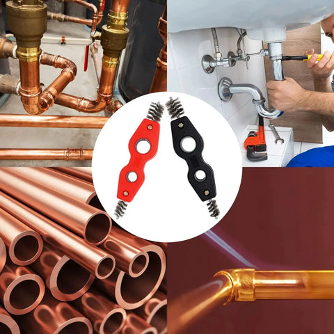 Two Pack Four In One Copper Pipe Cleaner Kit For Plumbing Deburring And Soldering With Half And Three Quarters Inner Brushes And Five Eighths And Seven Eighths Outer Brushes Durable Steel Wire Keeps Copper Pipes Clean And Flowing Like New shown with copper pipes and plumbing scene.