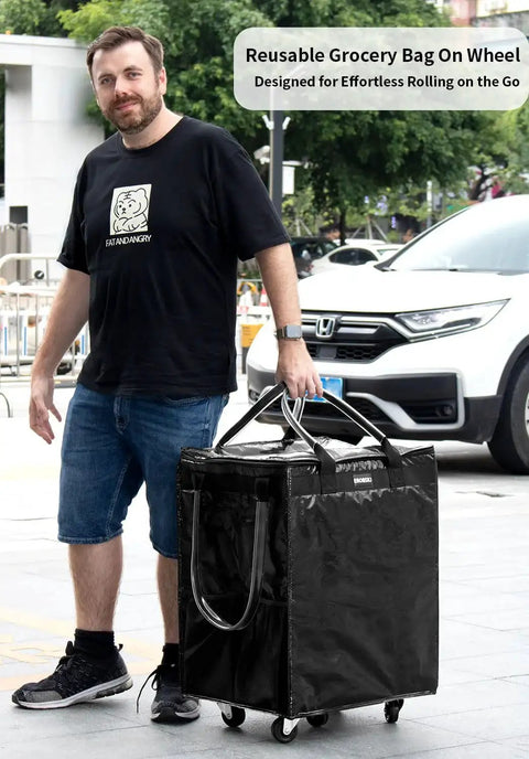 Person with Large Black Reusable Grocery Bag On Wheels Foldable Rolling Tote With Zipper Closure Carries Up To 76 Lbs on city street