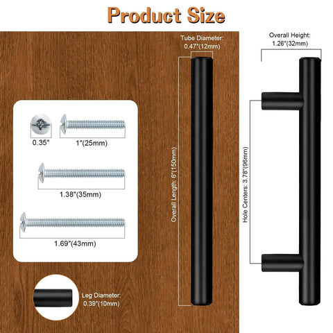 Product size chart for 5 Pack 3-3/4 Inch Hole Centers Solid Stainless Steel Round T Bar Cabinet Pulls Black, includes screws dimensions