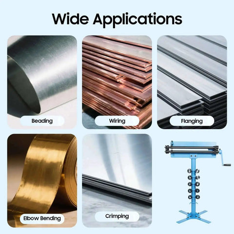 Wide applications of Heavy Duty Metal Bead Roller With Six Dies for auto body and fabrication, showing beading, flanging, crimping.