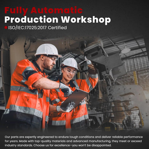 Two factory workers in safety gear inspecting machinery in a fully automatic production workshop, ISO/IEC:17025:2017 certified.