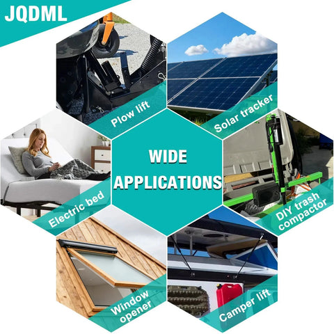 Collage of heavy duty 24V DC linear actuator applications: plow lift, solar tracker, electric bed, trash compactor, window opener, camper lift.
