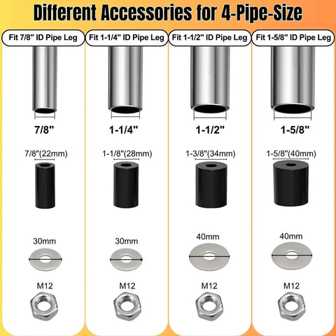 Diagram showing different pipe accessories for 3 Inch Expanding Stem Prep Table Casters Set of 4 Threaded Swivel Heavy Duty Castors