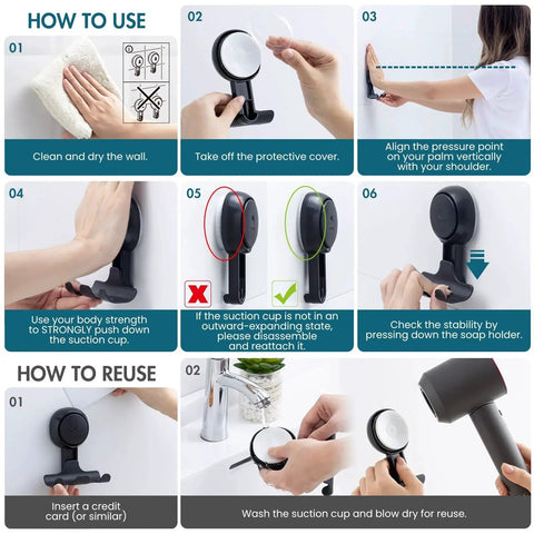 Steps showing how to install 2 Pack Suction Cup Shower Razor And Bathroom Accessory Holder, illustrating cleaning wall, attaching, and reusing.