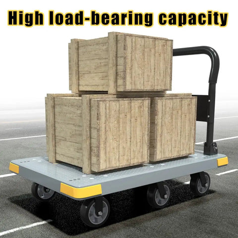 Foldable Heavy Duty Platform Cart With 1764 Pound Capacity carrying wooden crates on six wheels, gray with reinforced base.