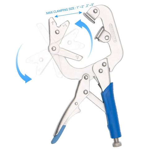 10 Inch Welding Pipe Pliers With Locking C Clamp And Large Adjustable V Pads For Secure Welds, shown in open position.