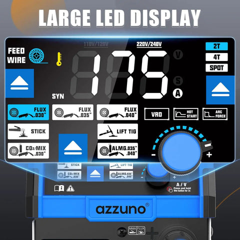 LED display panel of 175 Amp Dual Voltage MIG Welder 110V 220V 5 In 1 Gas MIG Aluminum MIG Flux Core MIG Lift TIG And Stick Welding