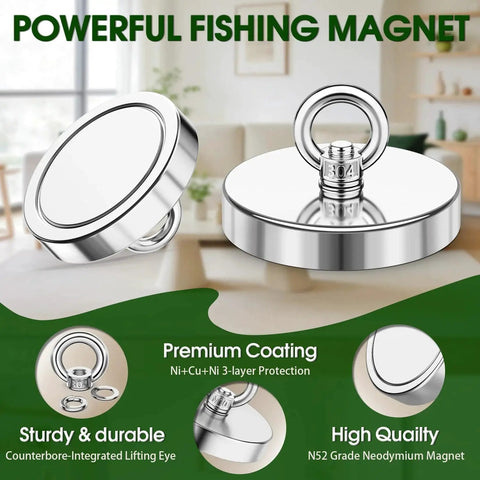 1000 Lb Neodymium Fishing Magnet With Countersunk Eyebolt for lake beach lawn, stainless steel and premium coated design