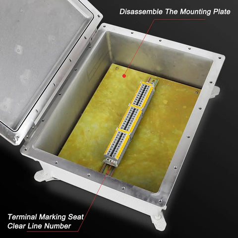 Interior view of rugged waterproof explosion proof outdoor junction box built from thick cast aluminum for industrial use IP66 rated.