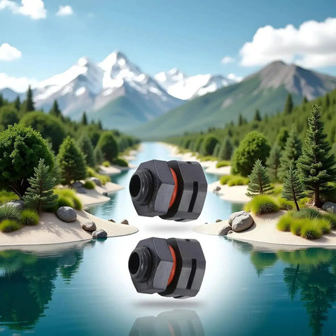 Two Pack IP68 Industrial Breather Vent With Dual M12x1.5 Pressure Equalization Valves in scenic mountain river background