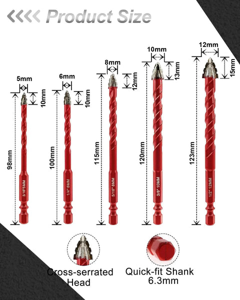 Product size chart showing Beefy Serrated Masonry Drill Bit Set, 10-Piece For Wood, Plastic, Ceramic Tile, Concrete And Marble.