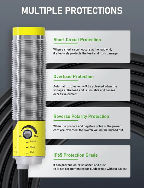 Photoelectric Proximity Sensor With Laser Detection, IP65 Waterproof, Normally Open NPN NO, showcased with multiple protections.