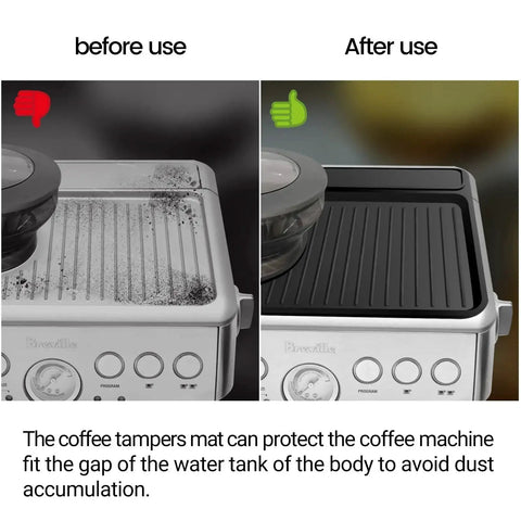 Tamping mat on a Breville espresso machine; black silicone, before-use dirty surface and after-use clean panel.