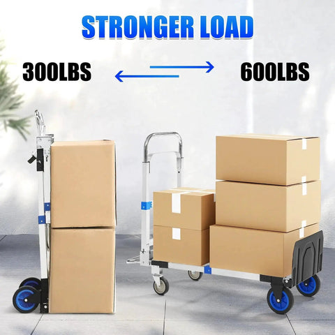 3 In 1 Aluminum Folding Hand Truck Dolly Cart With Wheels Up To 600 Lbs Capacity Heavy Duty Convertible Trolley in folding and rolling positions.
