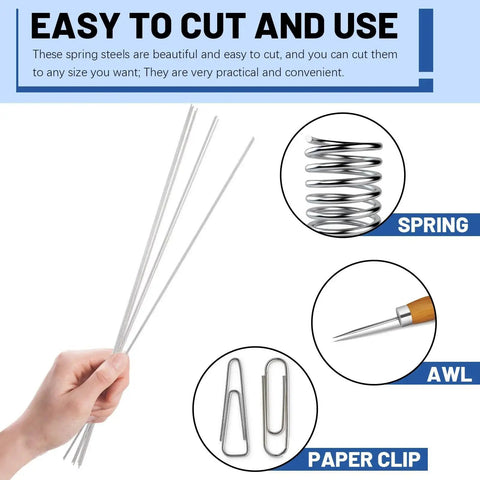 Hand holding stainless steel wires for cutting, showing versatility as spring, awl, and paper clip in DIY projects.