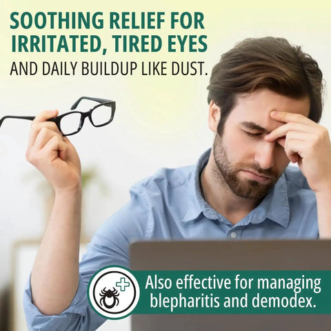 Man with tired eyes holding glasses, promoting Tea Tree Eyelid Wipes with Hyaluronic Acid Chamomile Aloe Individually Wrapped.