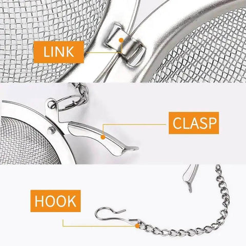 Close-up of Two Pack 2.1 Inch Stainless Steel Mesh Tea Ball Infuser showing link, clasp, and hook details for loose leaf brewing.