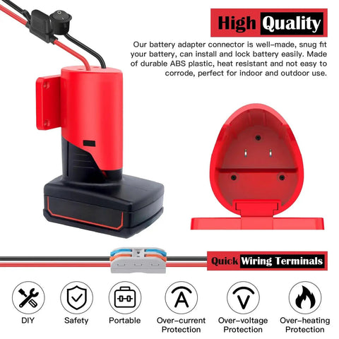Power Wheel Adapter 12V Battery Conversion Kit With Switch And Fuse 12AWG Wire Terminals Plug And Play Connector red close-up