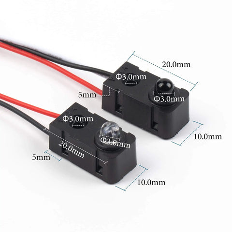 Five Piece Infrared Break Beam Sensor Kit With LEDs For Fast Counting And Distance Detection, showing dimensions and wiring.