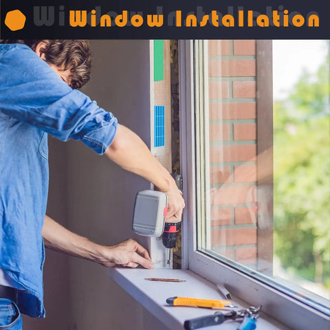 A person installing a window using power tools, showing a detailed view of the window frame and sill during installation.