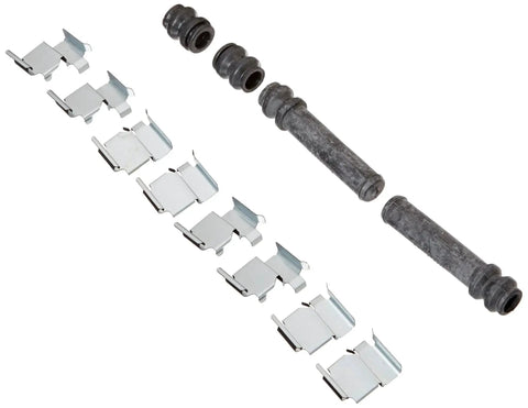 Rear disc brake hardware kit, Raybestos R-Line: multiple metal retaining clips and two guide pins with rubber boots.
