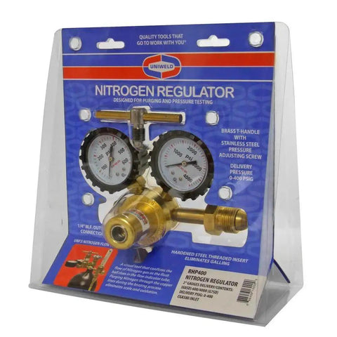 Nitrogen Regulator With 0 To 400 Psi Delivery Pressure, CGA580 Inlet, 1 Quarter Inch Male Flare Outlet, Easy Read 2 Inch Gauges
