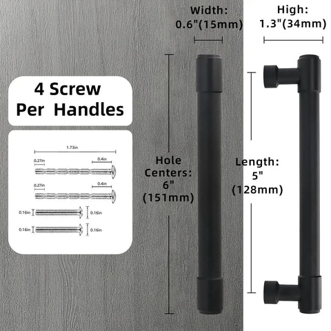Diagram and measurements of Matte Black Cabinet Pulls 10 Pack 5 Inch 128mm Hole Centers Aluminum Kitchen Cabinet Handles.