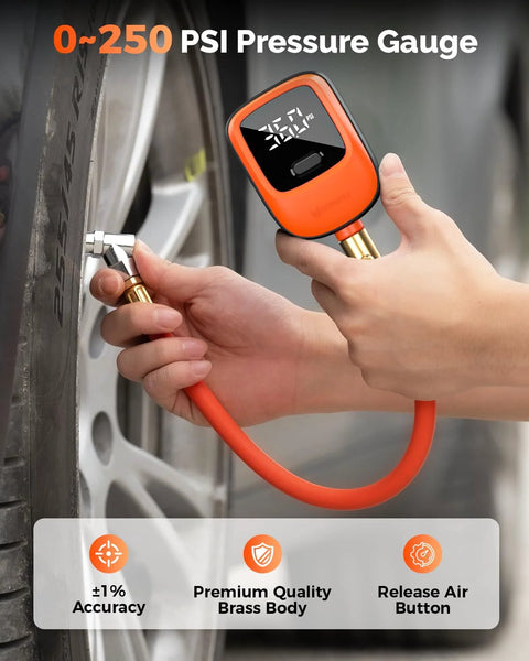 ETENWOLF T600 digital tire pressure gauge in orange with brass connector and red hose used on car tire