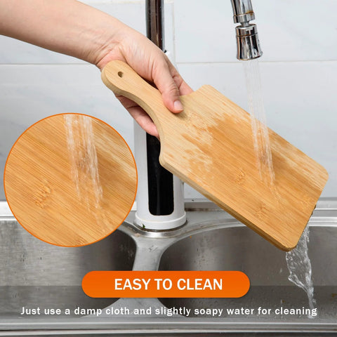 Thick Bamboo Cutting Board Set Of 6 11x5 Inch Ultra Sturdy 0.39 Inch Thick Wood Chopping Boards With Handle And Hanging Hole being rinsed under faucet.