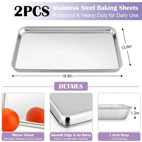 Large Stainless Steel Baking Sheet With Wire Rack Set 20x14 Inch showing dimensions and features.
