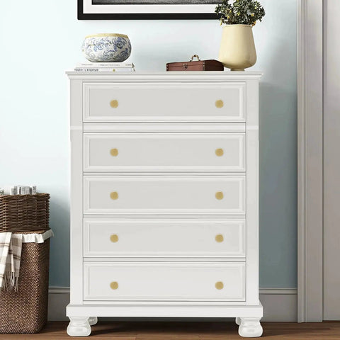 White dresser with 10 pack brushed gold cabinet knobs in a stylish room setting, highlighting the easy-to-install feature.