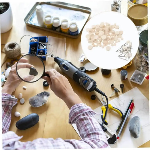 120Pcs Wool Felt Polishing Wheel Set With Mounted Shank For Rotary Tools displayed with crafting supplies on a desk.