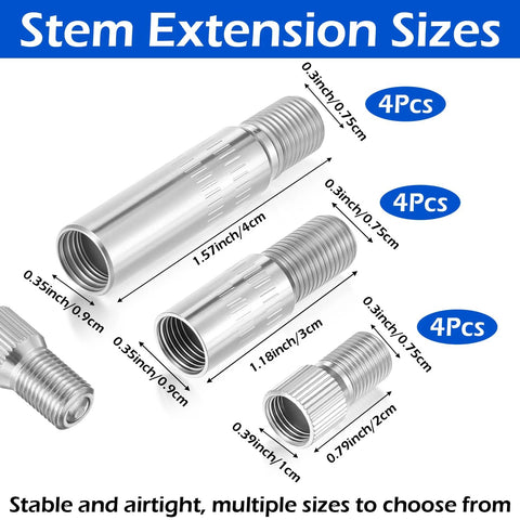 Valve stem extension kit, 4-piece silver extenders, 19/27/39 mm, stainless steel and ABS for cars and motorcycles