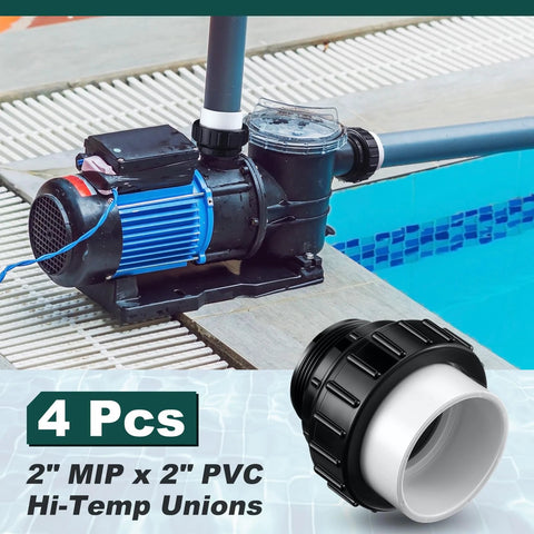 Briwooody 4-pack 2-in MIP x 2-in PVC hi-temp pool pump unions, black threaded fittings shown beside a blue pool pump.