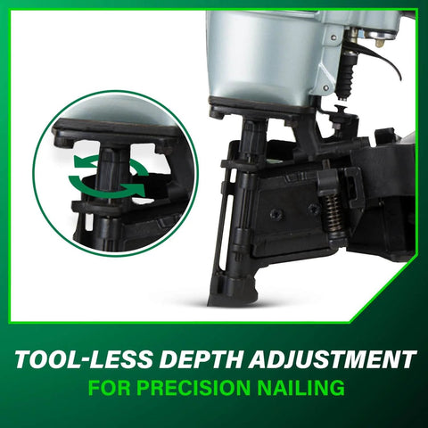 Close-up of Pro-Grade Pneumatic Roofing Nailer For Asphalt Shingles showing tool-less depth adjustment feature.