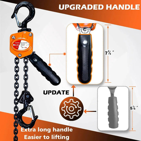 Mini Lever Chain Hoist One Quarter Ton 10 Foot Ratchet Chain Puller With Hooks showing upgraded handle and chain detail