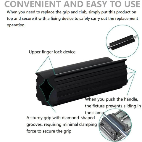 Golf Club Grip Replacement Tool With Rubber Vise Clamp shown with diamond-shaped grooves for secure grip installation and protection.