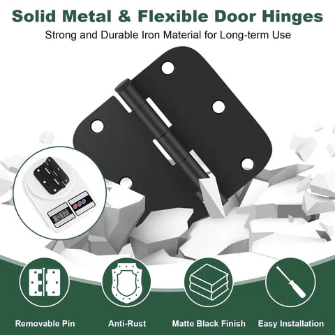 30 Pack Matte Black Door Hinges 3.5 by 3.5 Inch Five Eighth Inch Radius Interior Hinges with Six Holes, iron material, modern style