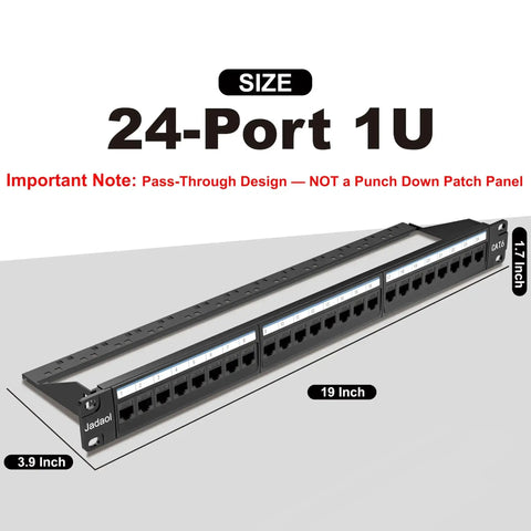 24 Port Pass Through Patch Panel For Rackmount Or Wall Mount 19 Inch 1U Cat6 Network Panel with size dimensions shown