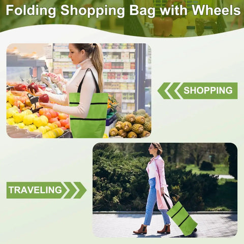 Folding Shopping Bag With Wheels For Travel And Shopping 66lb Capacity in use while shopping and traveling outdoors.