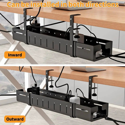 Under Desk Cable Management Tray extendable from 25.2 to 38.6 inches, no drill clamp-on wire organizer, shown inward and outward installation